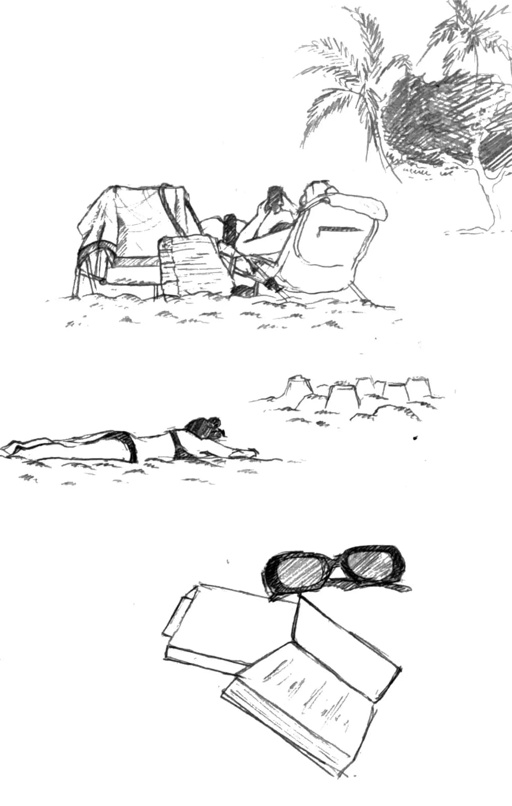 palms, deck chairs and a book in the sand