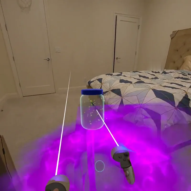 the jar being placed in the room in a burst of purple light