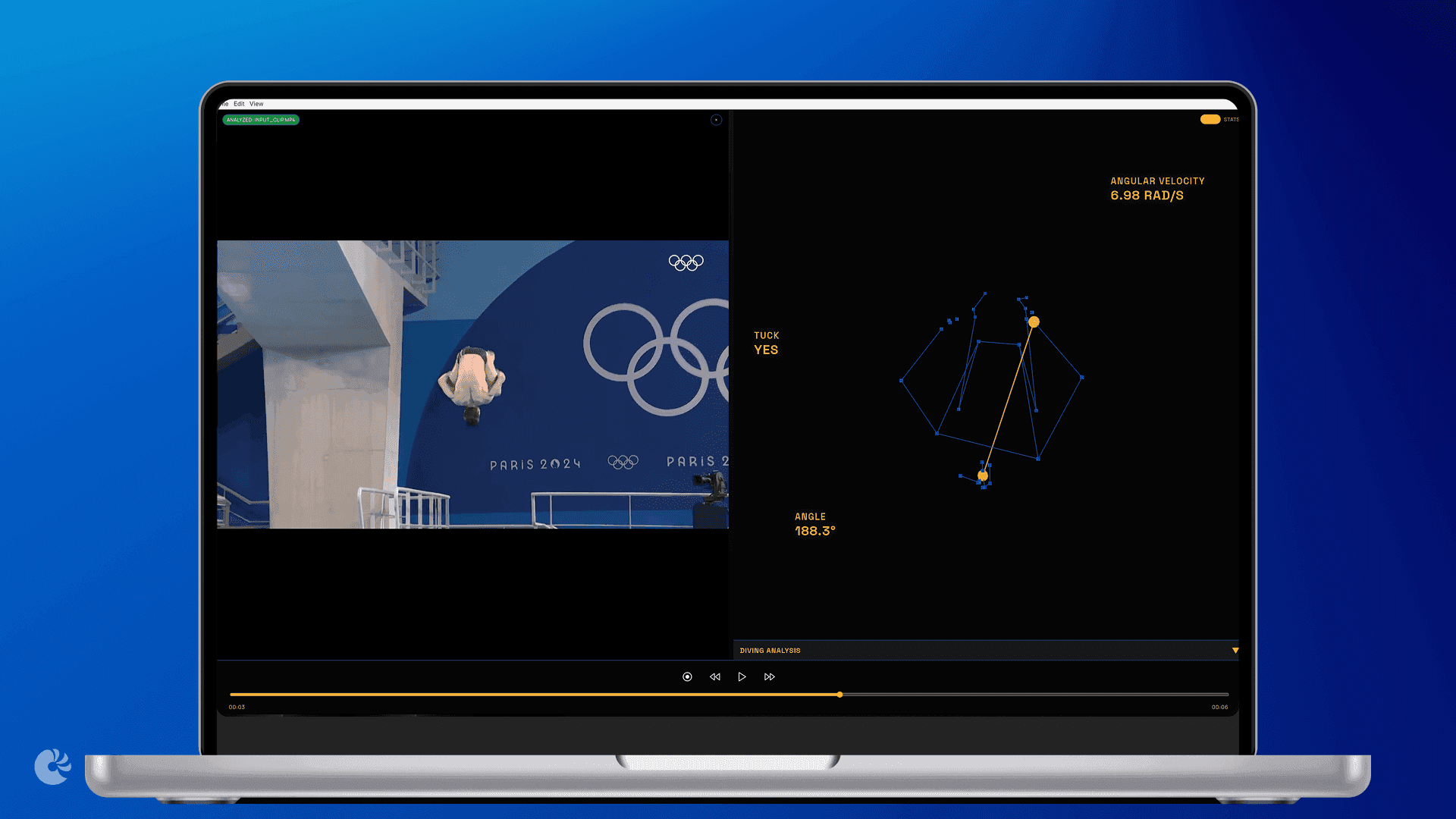 kairo dashboard — dive footage beside the generated 3d model with live metrics