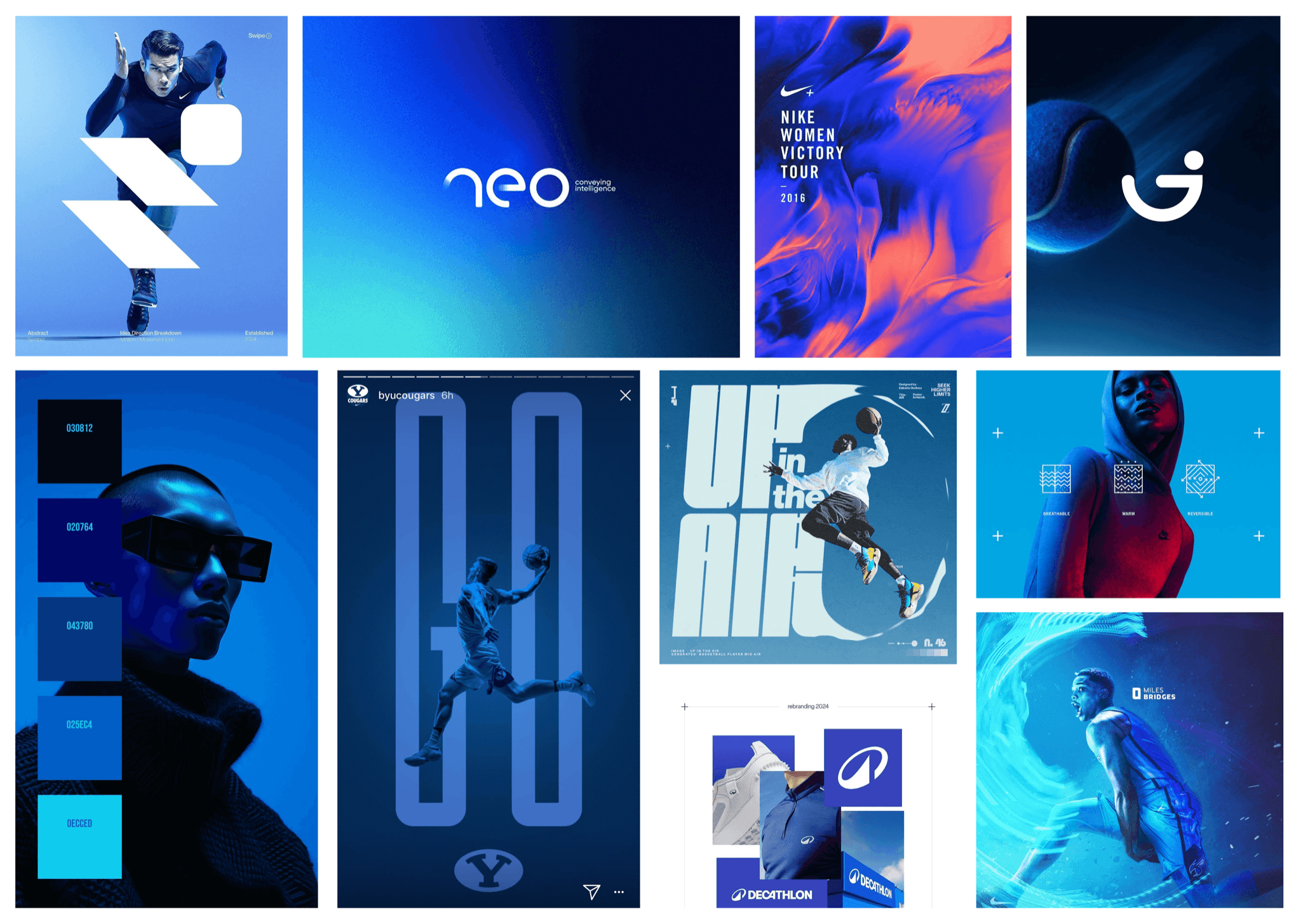 moodboard of blue-toned sports branding references