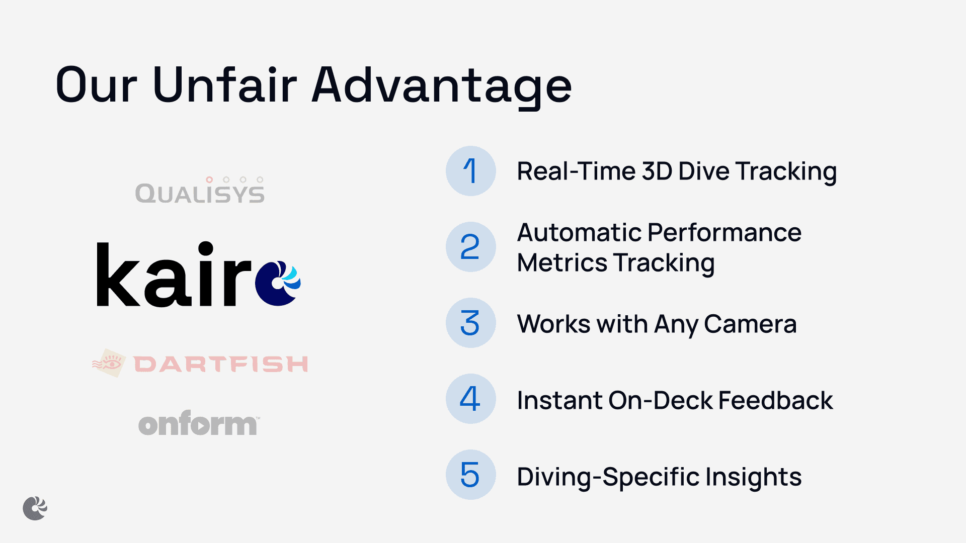 demo day slide — kairo's unfair advantage over qualisys, dartfish, and onform